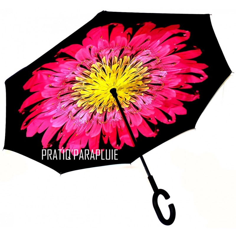 PARAPLUIE INVERSE Fleur rose coeur jaune -PRATIQ' PARAPLUIE